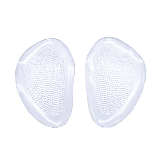 Pair of clear silicone forefoot cushion inserts shown on a plain white background