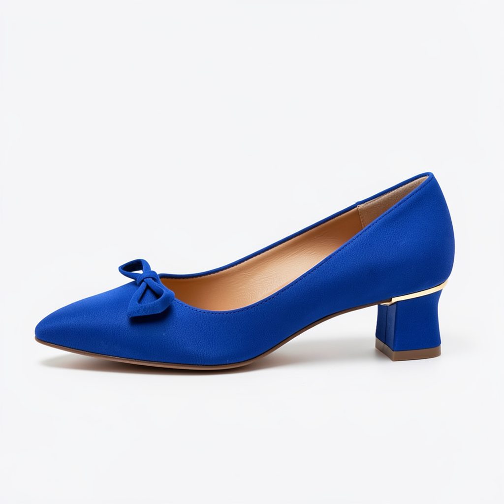 Single royal blue flat shoe with bow detail and gold heel trim, shown in profile