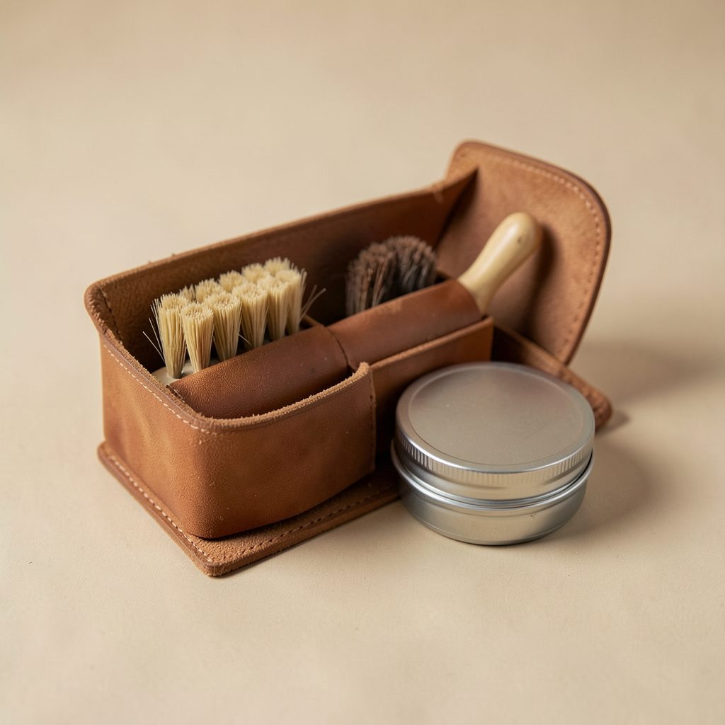 Compact leather care kit with brush and polish tins on a neutral background, warm and tidy