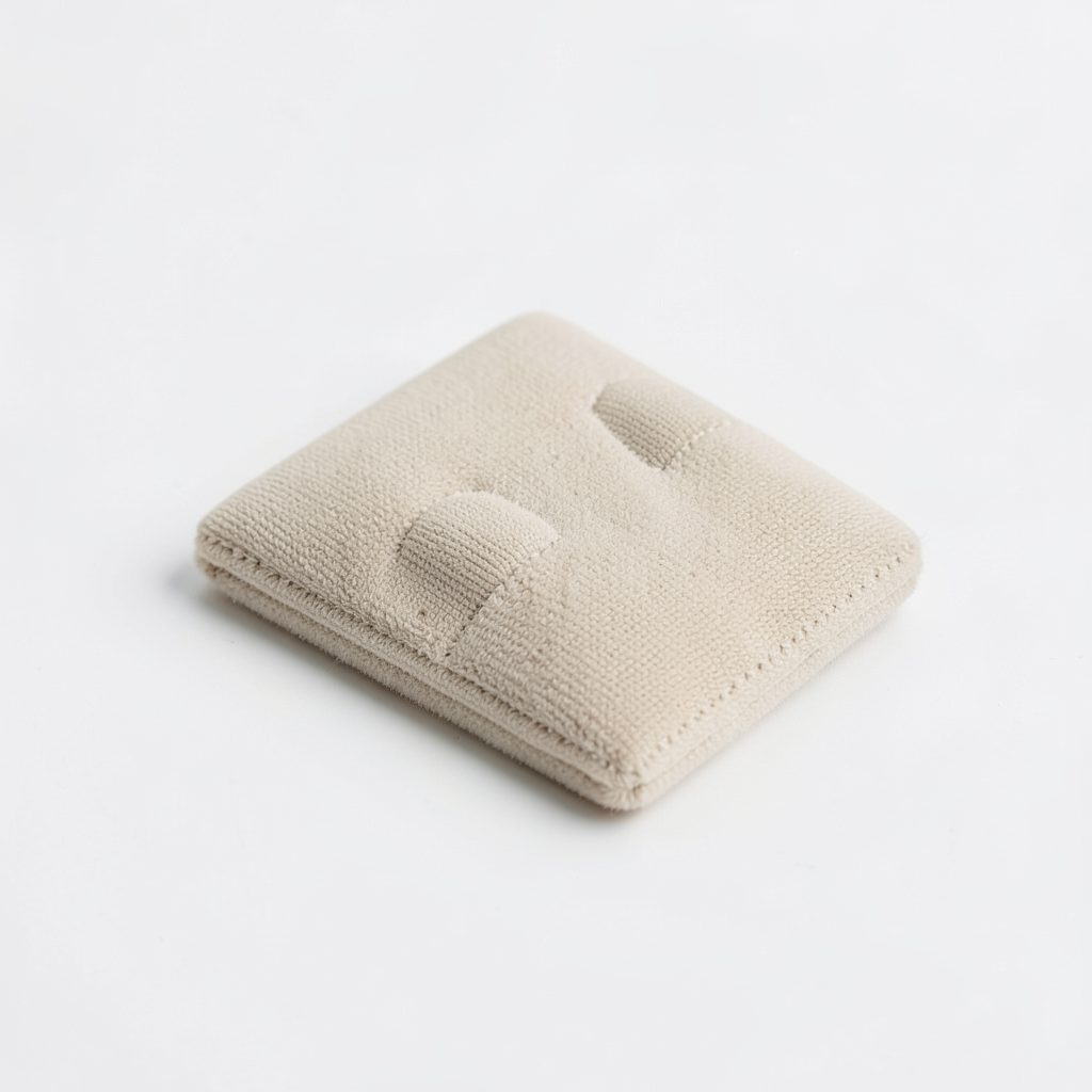 T-shaped beige fabric heel grip pad on a clean white surface, soft and flexible